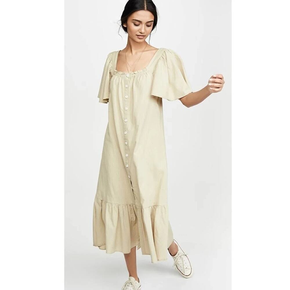 Free People Sweet Sunday Button Down Midi Dress Sisal Beige Small Cottage